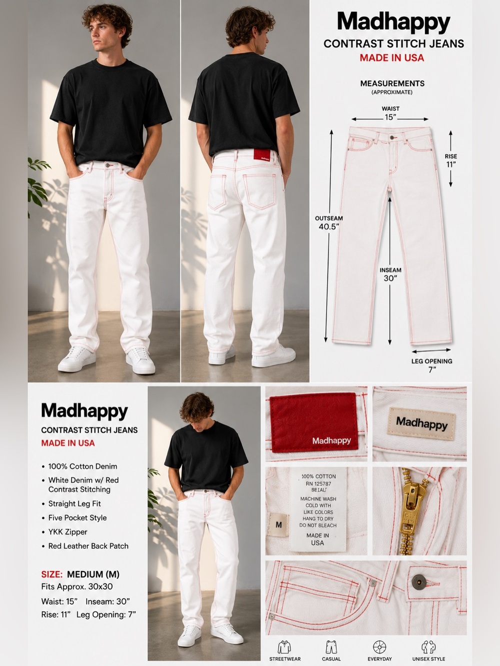 Madhappy White Contrast Stitch Jeans Made in USA Men's Medium 30x30 Straight Leg